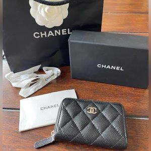 CHANEL Chanel Quilted Mini Pouch Leather Black Coin Purse Silver